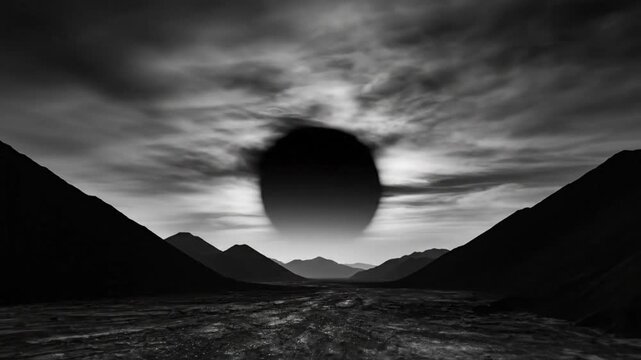 Surreal black and white landscape with an ominous dark orb hanging above a river between mountains under cloudy sky, atmospheric