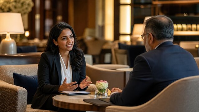 Professional Indian businesswoman in a black blazer gesturing while discussing strategy with a male colleague during a corporate meeting in a luxury hotel lounge or upscale lobby.