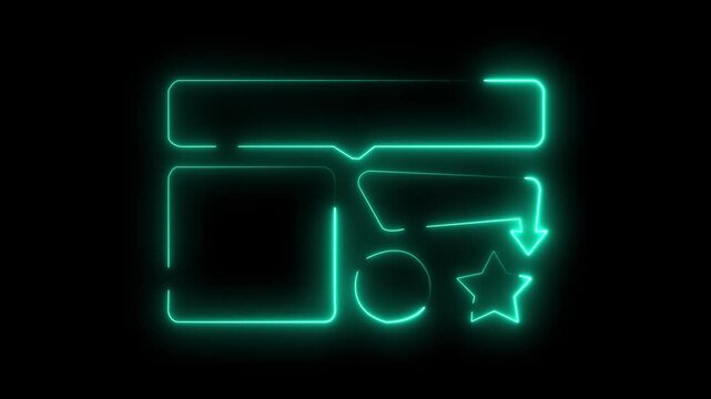 Neon cyan glowing geometric shapes and symbols on black background, abstract digital art elements Abstract  Geometric Icons and Symbol Set