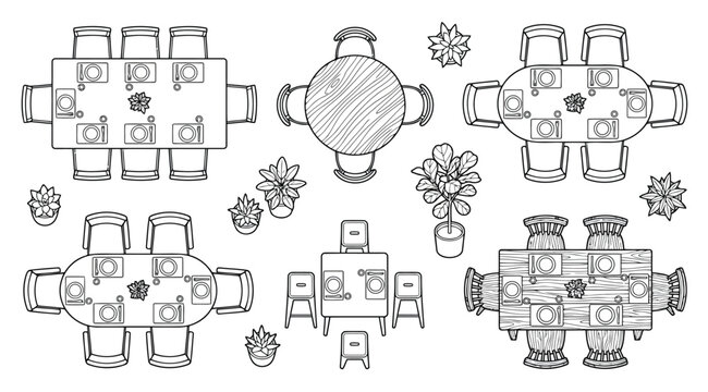 Top view of dining tables and chairs set with place settings and indoor plants
