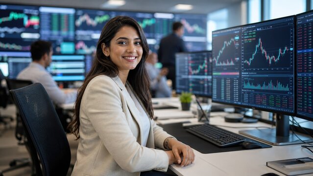 Smiling young Indian female financial analyst sitting at her desk in a modern corporate trading room with stock market graphs and data displayed on multiple monitors