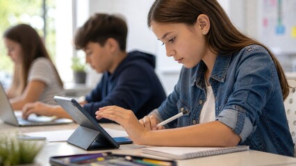 Fototapeta premium Focused teenage girl using a digital tablet and taking notes with a pen while studying in a modern classroom with fellow students in the background, education and technology.