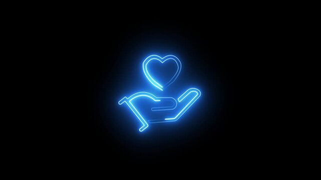 Neon blue glowing icon of a heart held in a hand, representing care, love, charity, and support, isolated on a black background
