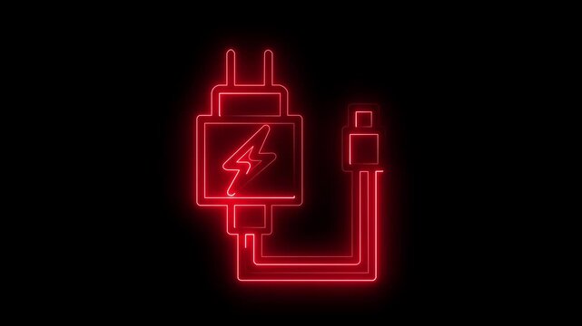 abstract glowing neon sing charger icon animation.Electric Vehicle Charging Station Banner,Smart Battery Charging Technology Background.