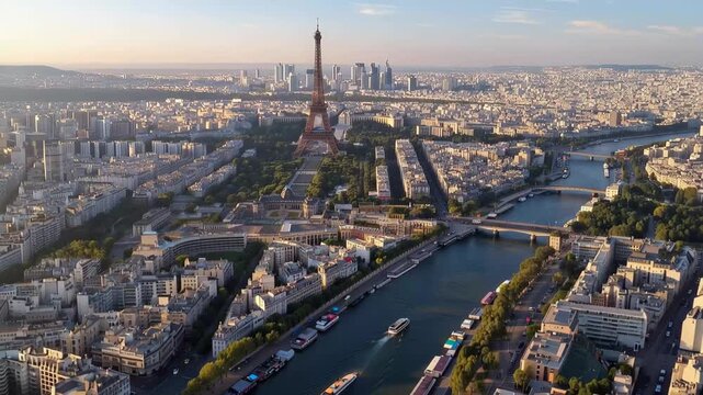 View of Paris with Eiffel Tower, Seine River and city skyline during sunset hours from a high viewpoint
