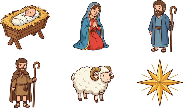 Nativity Christmas Illustration Set with Baby Jesus, Mary, Joseph, Lamb, and Bethlehem Star Religious Holiday Designs