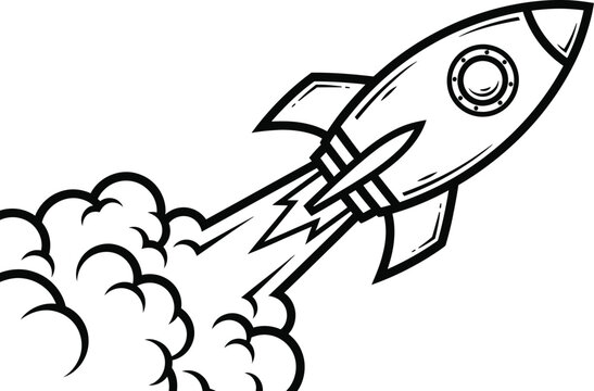 Retro rocket ship launch illustration black and white vector graphic