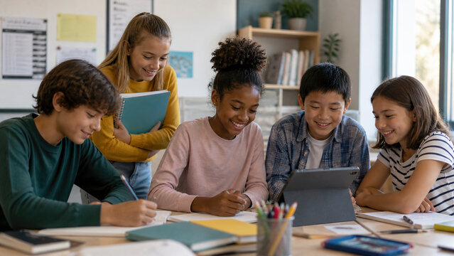 Group of diverse middle school students collaborating on school project in classroom using digital tablet and notebooks. Happy multiethnic teenagers studying together at school desk.