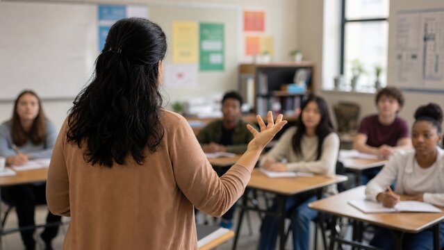 Rear view of an engaging female teacher gesturing while lecturing a diverse group of multiethnic high school students sitting at desks and taking notes in a bright classroom.