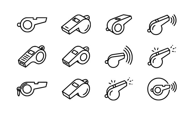 Minimal whistle outline icon collection with sound wave and referee symbols vector