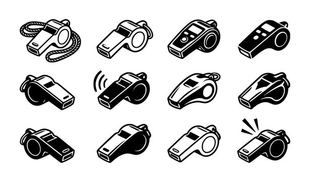 Black whistle icon set with sound wave symbols and referee whistle silhouettes vector