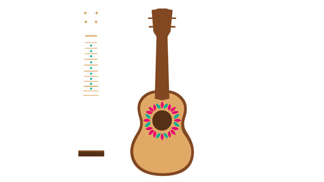 Brown ukulele vector icon illustration, creative colorful line drawing of a small string instrument on white background, professional minimalist design for Hawaiian music and leisure hobbies.
