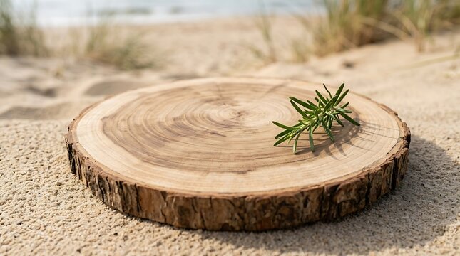 A round wooden slice of tree trunk with fresh green rosemary sprigs placed on a grassy field in nature