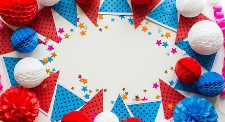 Obraz premium Vibrant party decorations on white background with red, blue, and white balloons