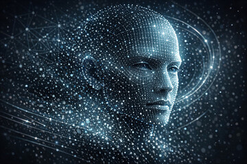 Obraz premium Futuristic human head composed of glowing blue dots. Digital particles form a thoughtful, serene expression. Neon lines and nodes surround the head, suggesting connectivity