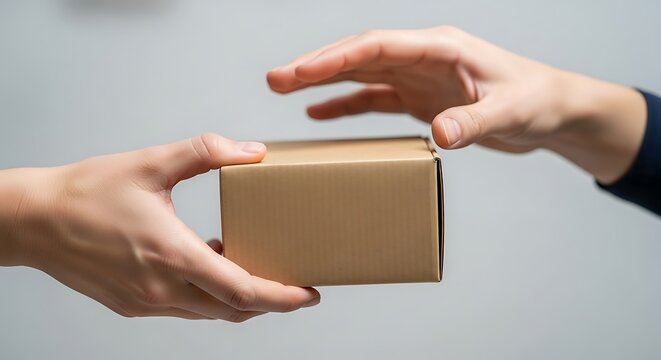 Cardboard box delivery handoff, hands passing small brown parcel, courier shipping and logistics concept, e-commerce package exchange