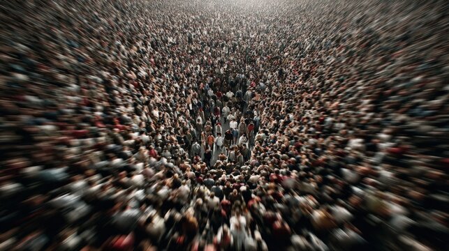 Overhead view of a vast, diverse crowd of people moving together in unison, representing unity and collective action
