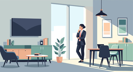 A thoughtful businesswoman stands in a modern, sunlit open-plan office or living space, contemplating her work or future. © Habi