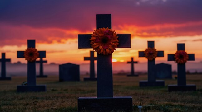 Rows of cemetery crosses with orange flowers against a vibrant sunset sky. Peaceful graveyard scene offers solemn remembrance and reflection. Peaceful resting place at dusk.