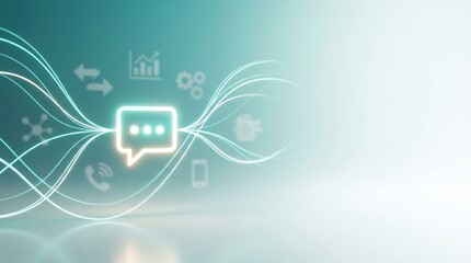 Fototapeta premium Glowing speech bubble icon centered in a digital network of flowing light lines on a teal background