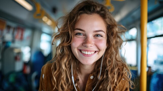 A vibrant image of a young woman with tousled hair smiling at the camera while riding public transport, showcasing the joy of everyday moments and the connectedness of urban life.