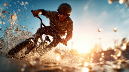 Fototapeta premium An exhilarating capture of a BMX rider flying through the air, splashing water all around, showcasing the thrill and adrenaline of extreme sports and youthful energy.
