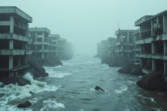 Urban Canal Flooded by Powerful Storm Surge Ocean Waters