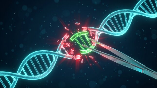3d dna strand glowing with digital data and genetic code analysis in dark space
