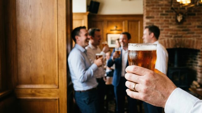 A man holds a pint of beer in a traditional pub with friends toasting in the background