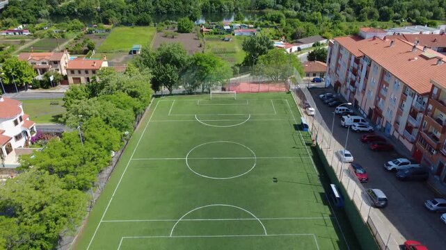 High-angle view of a football field with a tilt up