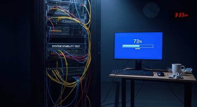 Modern Server Room with Network Rack and Active Computer Monitor.