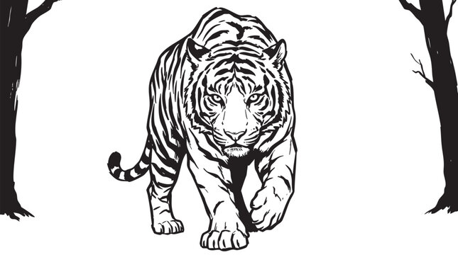 Black and white tiger illustration, walking tiger vector, striped animal, forest creature