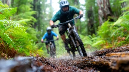 Fototapeta premium Two mountain bikers navigate a muddy trail surrounded by lush ferns, showcasing an adventurous outdoor experience filled with excitement and nature's beauty.
