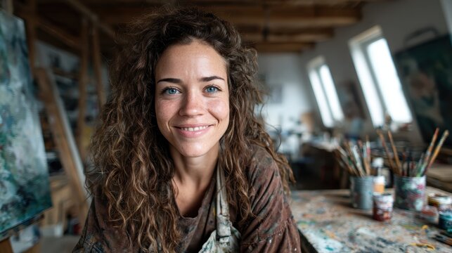 A joyful artist with curly hair smiles amidst her colorful studio filled with paints, brushes, and art, depicting the passion for creativity and self-expression through art.