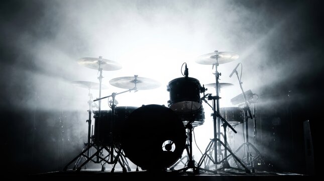 Silhouette of a drum kit with cymbals and microphones illuminated by dramatic stage lighting and smoke