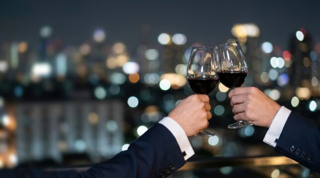 Two hands in suits clinking glasses of red wine with a blurred city skyline at night