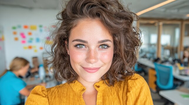 A vibrant young woman with curly hair smiles warmly, showcasing her joyful personality in a cozy, colorful office environment filled with creative energy and teamwork.