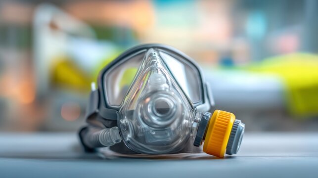 Clear Medical Mask Positioned on Treatment Surface with Blurred Background