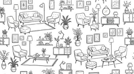 Hand drawn seamless pattern of living room furniture and home decor © S.Siam