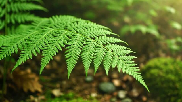 Close up of a vibrant green fern leaf with textured detail in a tranquil forest environment