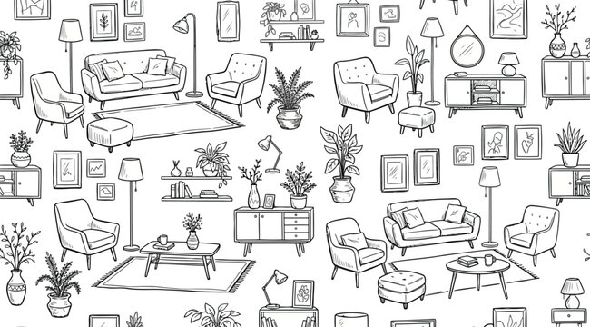 Hand drawn seamless pattern of living room furniture and home decor