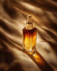 Naklejka premium Luxurious golden serum dropper bottle with rich amber liquid on shimmering silk fabric, elegant cosmetic product photography
