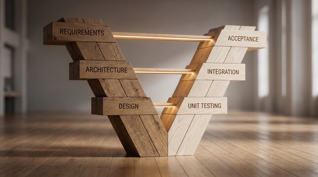 V-model concept showing software development stages with wooden blocks and glowing connections in a professional setting 3D render