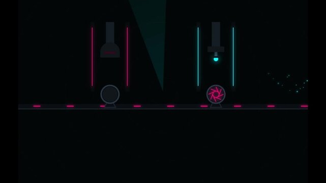 Abstract Futuristic Laboratory Animation with Glowing Neon Energy Stations and Moving Sphere on Dark Background