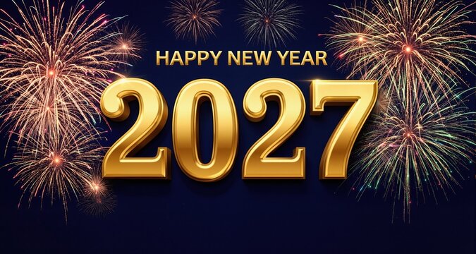 Happy new year 2027, celebration greeting card, new year card Gold text effect firework background
