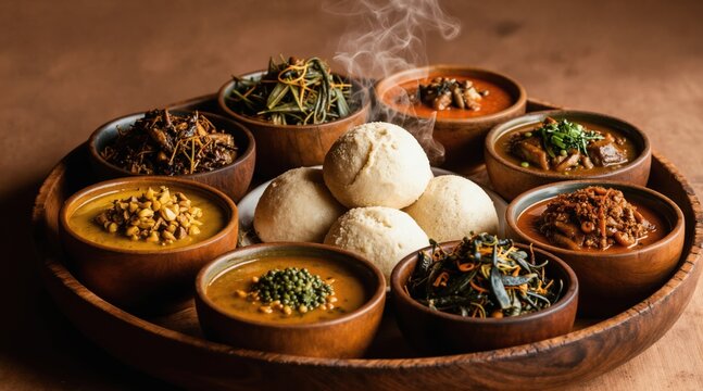 Authentic West African fufu meal in wooden platter. Assorted steaming soups like egusi okra pepper soup served with tender fufu balls. Delicious traditional food display.