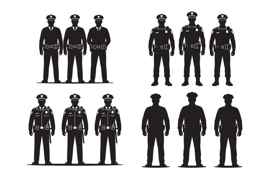 Black and white police officers in various uniform styles