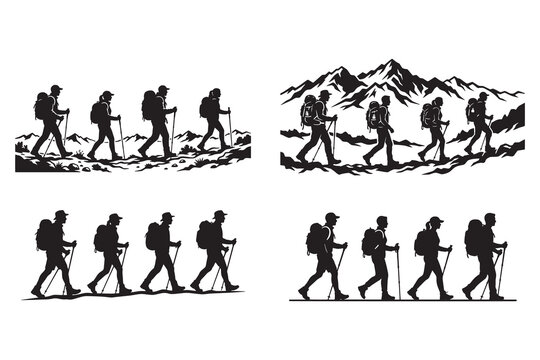 Black silhouettes of hikers walking with trekking poles