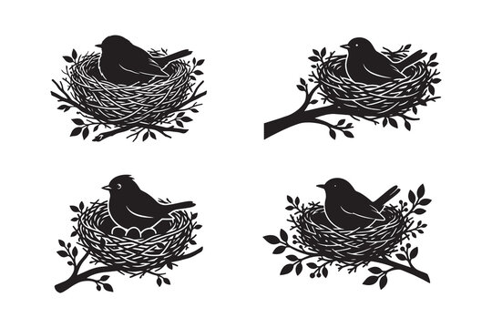 Black bird silhouettes in nests on branches