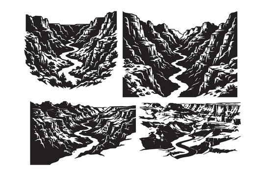 Black and white mountain landscape set with river